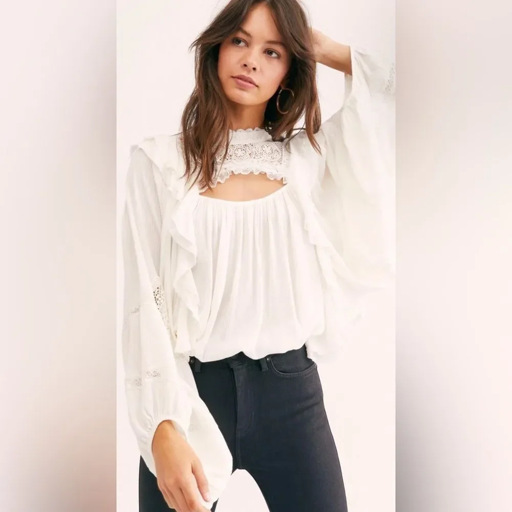 Free People Ivory Lover of Mine Gauzy Crochet Lace Romantic Bodysuit - Picture 2 of 4